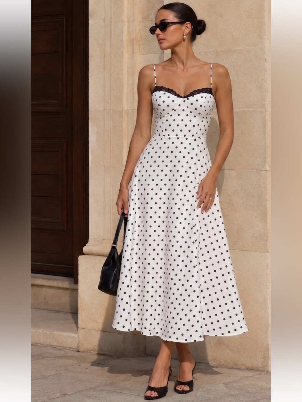 Commense Polka Dot Lace Trim Cami Maxi Dress